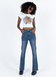 Highwaisted jeans Mid wash denim Belt looped waist Front button and zip fastening Four pocket design Flared leg Good Stretch  Unlined 