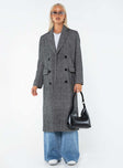 Long coat Lapel collar, button fastening at front, front pockets