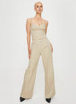 Beige Matching set Slim fitting adjustable shoulder straps sweetheart neckline zip fastening at back Tailored pants zip and clasp fastening twin hip pockets subtle pleats at waist