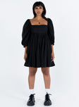 Black mini dress Puff sleeve Square neckline Shirred band at back Ruching at waist