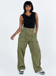 Cargo pants High rise Belt looped waist Zip and button fastening Drawstring at waist Seven pocket design Faux back pockets Straight leg