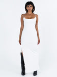 White maxi dress Elasticated shoulder straps Cowl neckline Low back High leg slit Good stretch Fully lined 