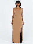 Brown maxi dress Ribbed material Scooped neckline High leg slit Good stretch Unlined 