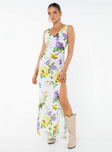 V-neck maxi dress, slim fitting, floral print Fixed shoulder straps, invisible zip fastening at back, high leg slit 