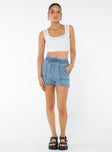 High rise shorts Elasticated waistband, tie fastening drawstring, fixed rolled hem, twin hip pockets