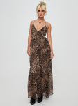 Leopard print maxi dress V-neckline, adjustable shoulder straps with tie fastening, invisible zip fastening at side, tiered design