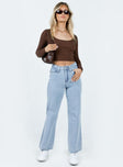 Jeans Light wash denim Mid rise Belt looped waist Twin hip pockets Stitched detail at back Straight leg 