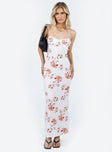 Maxi dress Floral print Adjustable shoulder straps with tie fastening at back Scooped neckline Lace detail Low back Invisible zip fastening at back