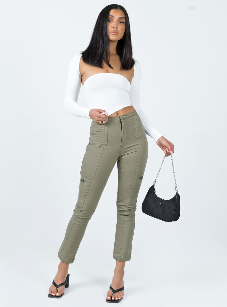 Cargo pants High waisted Zip & clasp fastening  Belt looped waist  Six pocket design Straight leg 