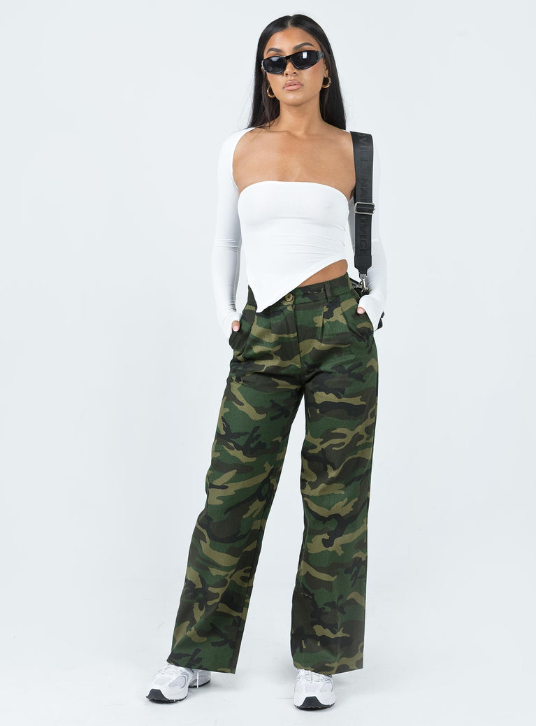 Pants Camouflage print High waisted Wide leg  Zip & button fastening Subtle pleats at waist Twin hip pockets