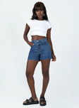 Denim shorts Mid wash denim Belt looped waist Button & zip fastening Twin hip pockets