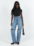 Jeans High rise Dark wash denim Belt looped waist Zip and button fastening Classic five pocket design Straight leg Ripped knee