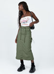 Cargo skirt Windbreaker material  Belt looped waist Button & zip fastening Drawstring waist Twin hip pockets Faux back pockets Cargo style leg pockets Slit at back