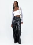 Pants Faux leather material Belt looped waist Zip & button fastening Four classic pockets Twin cargo style leg pockets Wide leg