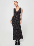 Floral print maxi dress V-neckline, fixed shoulder straps, tie detail at bust, invisible zip fastening Non-stretch material, partially lined