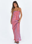 Maxi dress Silky iridescent material  Strapless design Invisible zip fastening at side Low back with elasticated band