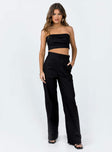 Matching set Linen look material Strapless crop top Inner silicone strip at bust Folded neckline Zip fastening at back Wide leg pants Zip & hook fastening Twin hip pockets