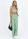 Green matching set Soft brushed material Crop top Invisible zip fastening at side High waisted pants Wide relaxed leg Belt loops at waist Zip & button fastening Non-stretch Lined top