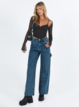 Jeans Dark wash denim High rise Belt looped waist Zip and button fastening Four pocket design Branded patch at back Straight leg