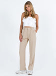 Beige tailored pants High rise Belt looped waist Zip and clasp fastening Stuble pleats at waist Twin hip pockets Straight leg