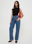 High rise jean, mid-wash denim Relaxed leg, five pocket designs, belt looped waist, button & zip front fastening 