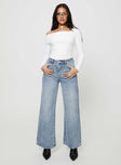 Wide leg jeans mid-wash denim Belt looped waist five pocket design zip and button fastening