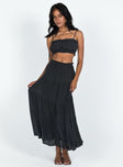 Matching set Crop top Ruched design Adjustable shoulder straps Maxi skirt Elasticated waistband Tiered skirt