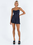 Navy mini dress Silky material Adjustable shoulder straps Cowl neckline Boning through waist Invisible zip fastening at side