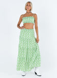 Matching set Floral print Crop top Adjustable shoulder straps Ruched design Frill detail Maxi skirt Thin elasticated band at waist Tiered skirt