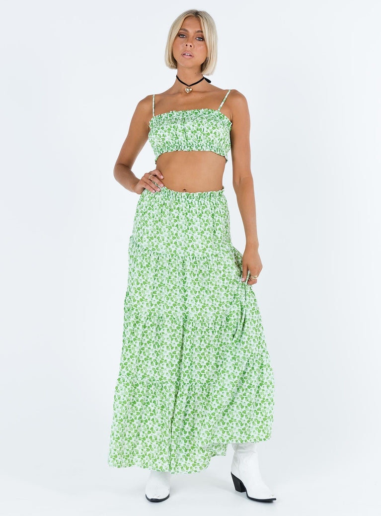 Matching set Floral print Crop top Adjustable shoulder straps Ruched design Frill detail Maxi skirt Thin elasticated band at waist Tiered skirt