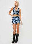 Floral two-piece set V-neckline top, halter style, mini skirt, wrap tie fastening detail, elasticated waistband