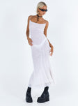 White maxi dress Sheer mesh material Elasticated shoulder straps Cowl neckline Layered soft pleat hem Good stretch Mesh lined