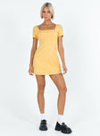 Yellow mini dress Square neckline Inner silicone stripe at bust and shoulders Invisible zip fastening at back 