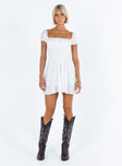 White mini dress Cupro material Puff sleeve Square neckline Ruching throughout Invisible zip fastening at back