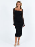 Black long sleeve midi dress Mesh material Sheer sleeves Elasticated shoulders Fixed ruching down sides Invisible zip fastening at back Slit at back Good stretch Fully lined