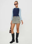 denim mini skirt hip pockets belt loops mid rise