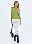 Green sweater Ribbed knit material Off the shoulder design Folded neckline Good stretch Unlined 