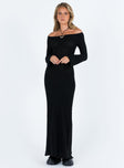 Long sleeve maxi dress Knit material Off the shoulder design Wide neckline Slightly flared cuff