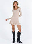 Long sleeve mini dress Knit material Scooped neckline Frill hemline Good stretch Unlined 