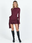 Long sleeve mini dress Wide neckline Ruching at side Frill and flower details Good stretch