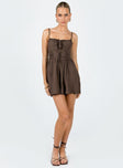 Romper Adjustable shoulder straps Tie fastening at bust Ruched detail throughout Invisible zip fastening at back Non-stretch