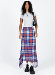 Maxi skirt Plaid print Handkerchief style skirt Invisible zip fastening at side Slight stretch Unlined  