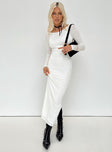 White long sleeve maxi dress High neck Low back Slit at back Good stretch Partially lined