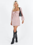 Long sleeve mini dress Floral print Baloon style sleeves Ruched bust Invisible zip fastening at back