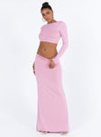 Pink matching set Long sleeve crop top High neckline Ruched detail at shoulder Low back Maxi skirt Mid rise Good stretch Fully lined 