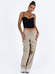 Cargo pants High rise Elasticated waistband with drawstring Six pocket design Straight leg