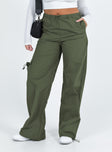 Olive green cargo pants Drawstring waist Twin hip pockets Straight leg Extra cargo style leg pockets Drawstring cuff Non-stretch Unlined