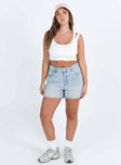 Denim shorts Light wash denim Belt looped waist  Button and zip fastening Five pocket design