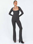 Grey long sleeve jumpsuit Ribbed material Square neckline Cut out at back with tie fastening Good stretch Partially lined