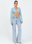 Blue long sleeve crop top Open front Tie fastening Elasticated sleeve detail Adjustable coverage Frill detail